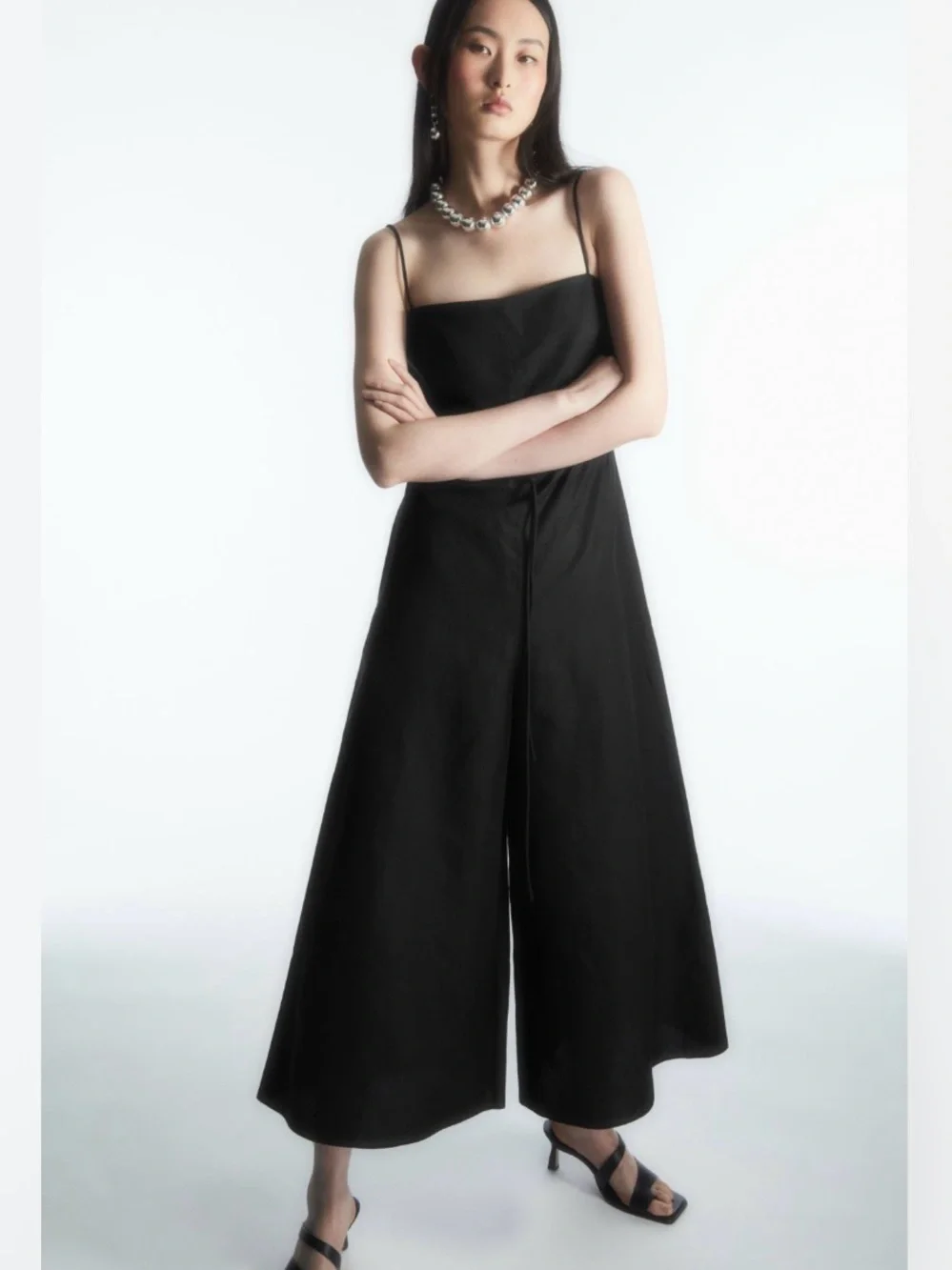 NEW COS Square Neck Linen Blend Black Minimalist Wide Leg Jumpsuit size 4
